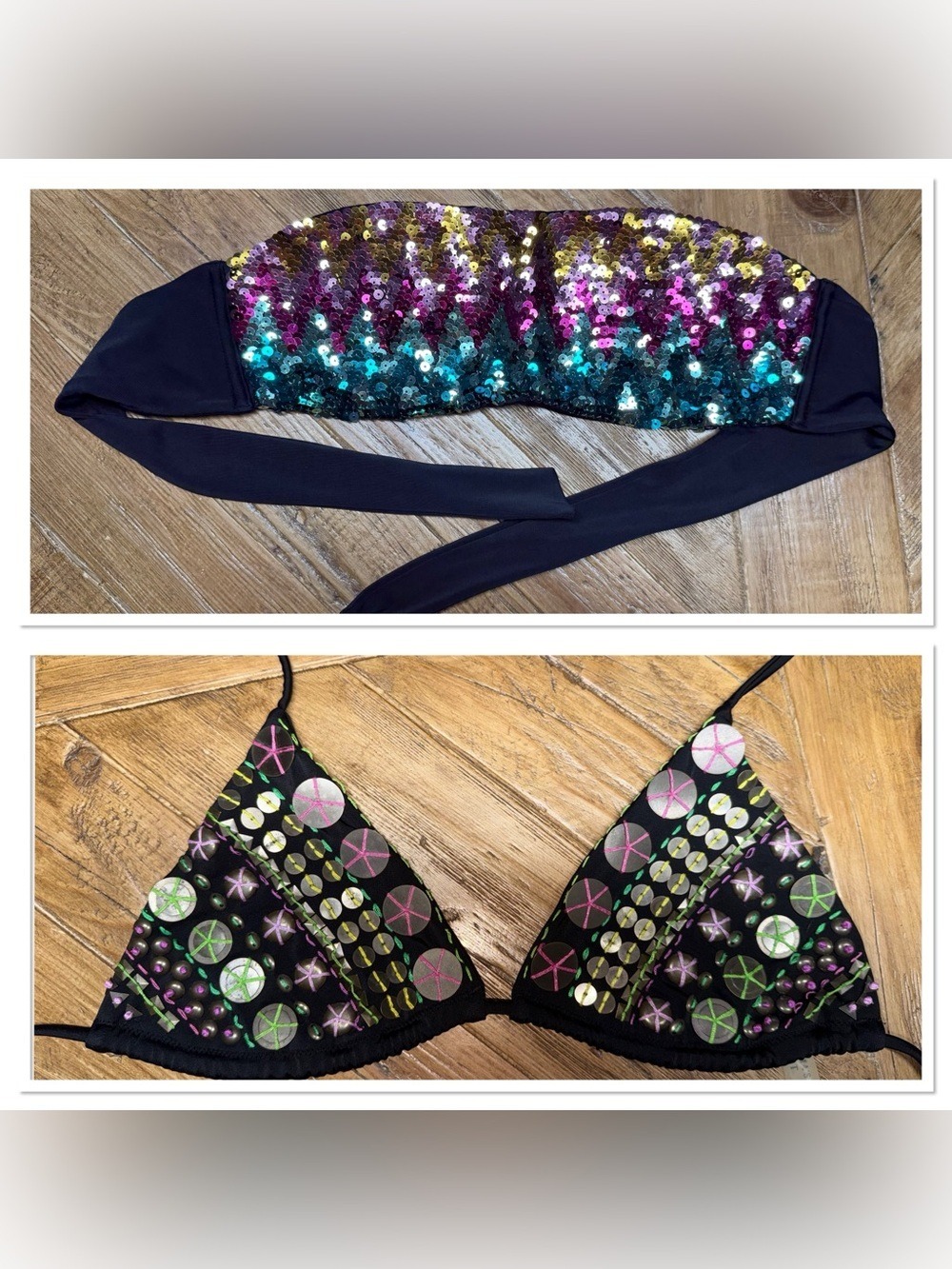 Victoria's Secret M Sequin and Beaded Bikini Top Lot/2 Tops (Bandeau & Triangle)